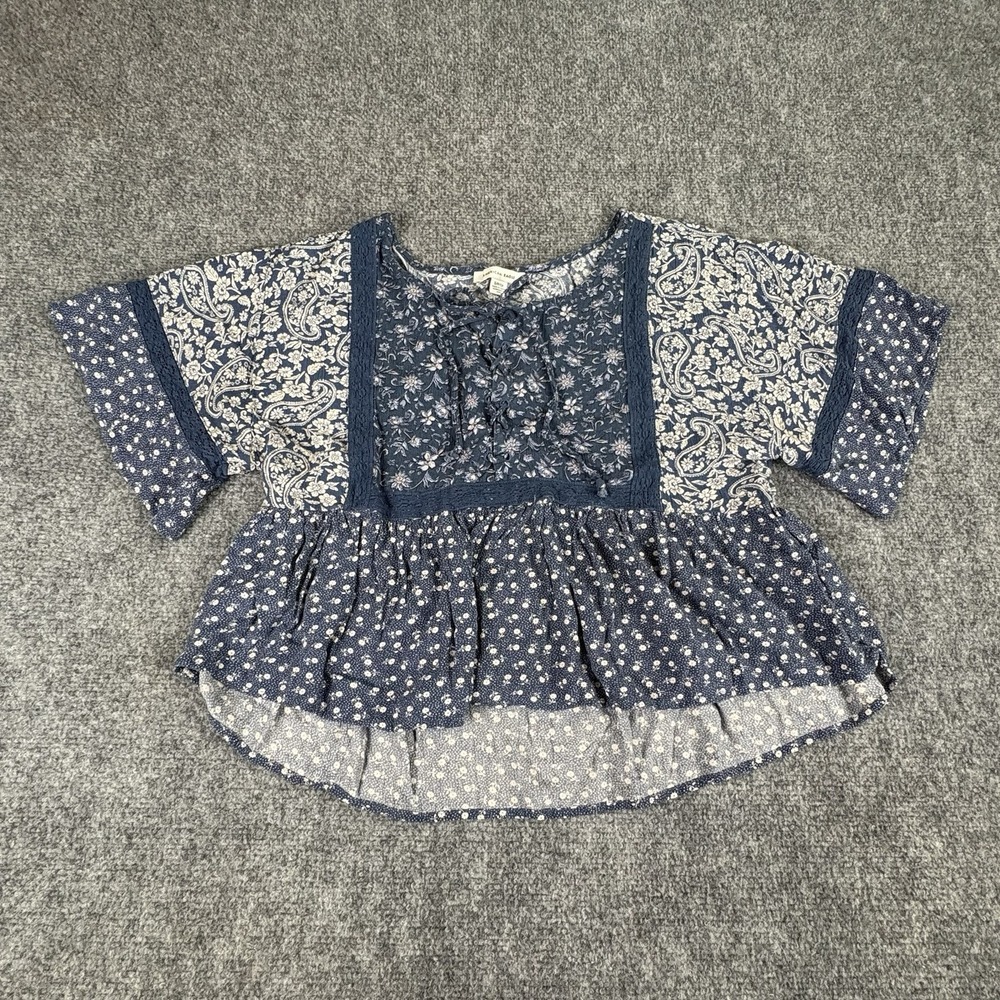 American Eagle Popover Top Womens Small Blue Boho Whimsigoth Floral Lace-Up Crop